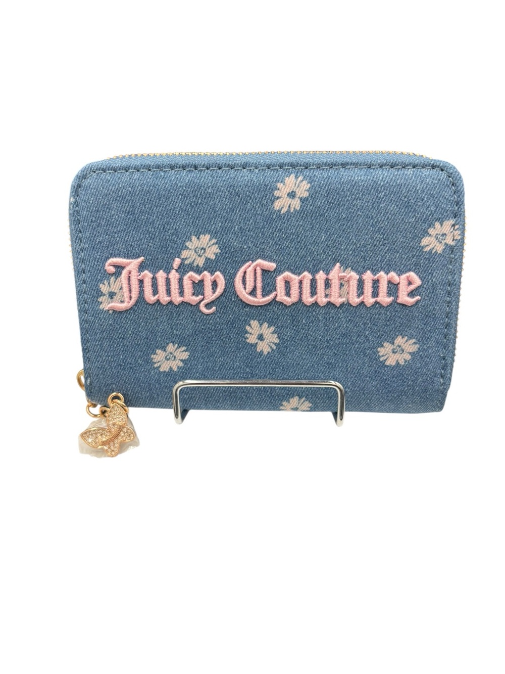 Juicy Couture Blue Denim Daisy Zip-Around Wallet Pink Logo NWOT - Picture 3 of 6